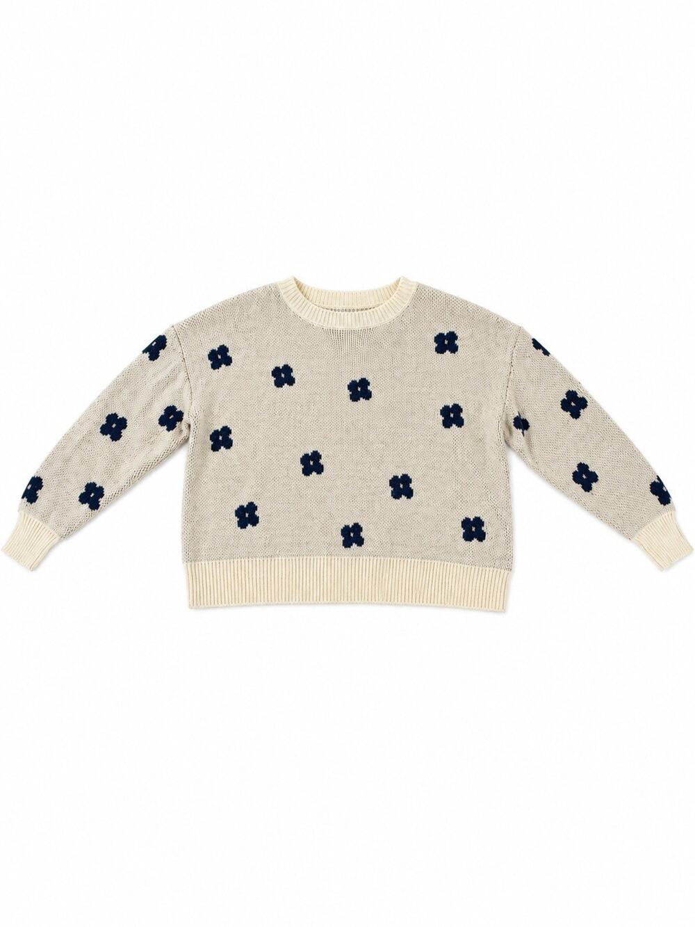 SHEIN Women’s Small Cream Knit Sweater Navy Floral Print Crewneck Long Sleeve